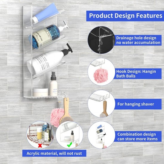 Acrylic Bathroom Organizer & Shampoo Holder, Wall Mounted, Sturdy and Durable, (One Shelf)