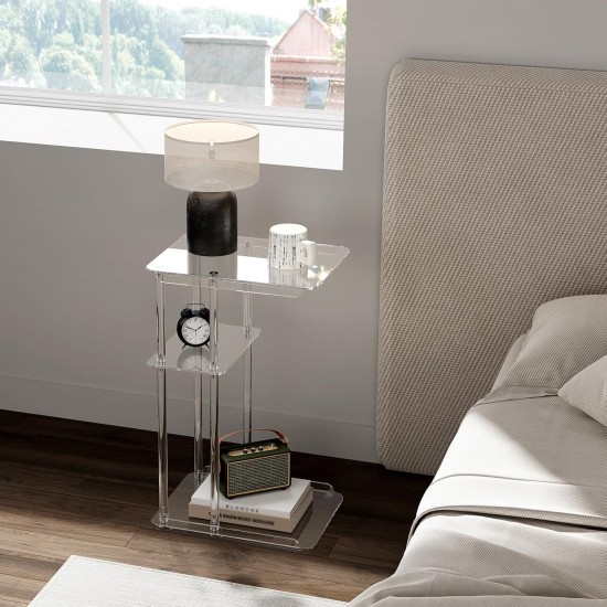 Clear Acrylic Side Table 3 Tiers (C Shape) Small Snack Table for Living Room, Bedroom, Bathroom