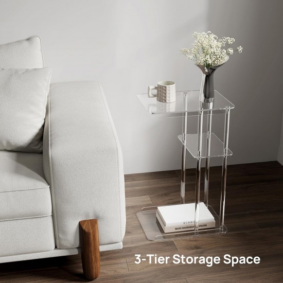 Clear Acrylic Side Table 3 Tiers (C Shape) Small Snack Table for Living Room, Bedroom, Bathroom