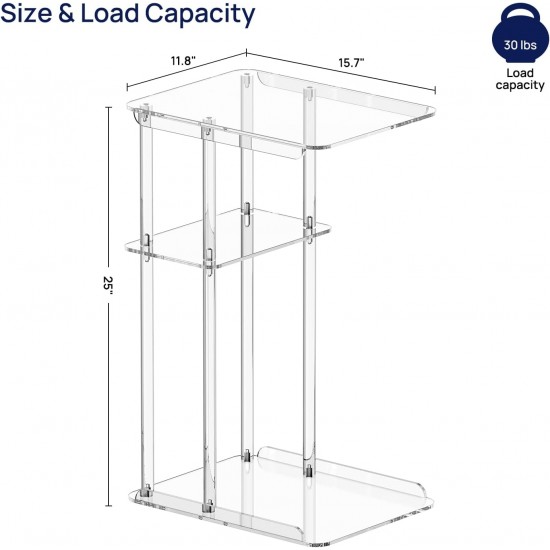 Clear Acrylic Side Table 3 Tiers (C Shape) Small Snack Table for Living Room, Bedroom, Bathroom