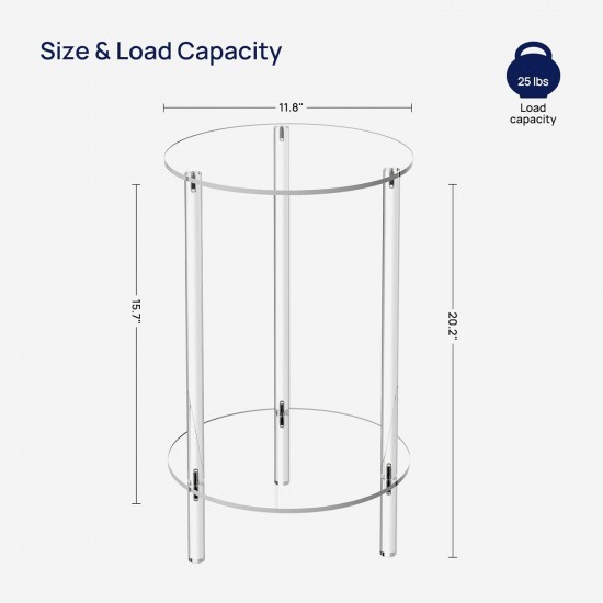 Clear Acrylic Round Side Table 2-Tier, Small End Table for Small Spaces, Nightstand/Bedside Table for Living Room, Bedroom (Set of 2)