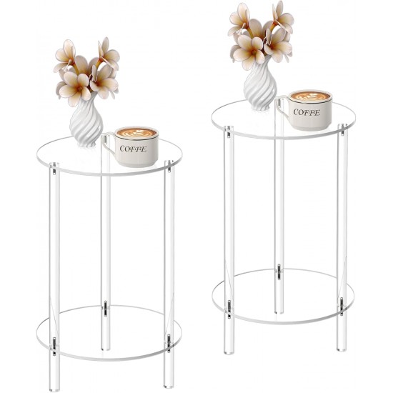 Clear Acrylic Round Side Table 2-Tier, Small End Table for Small Spaces, Nightstand/Bedside Table for Living Room, Bedroom (Set of 2)