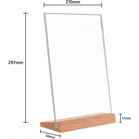 Clear Acrylic Sign Holder, Display Stands Sign, Wood Base, (29.7x21cm), for Restaurant, Hotel & Events (3 Pack)