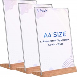 Clear Acrylic Sign Holder, Display Stands Sign, Wood Base, (29.7x21cm), for Restaurant, Hotel & Events (3 Pack)