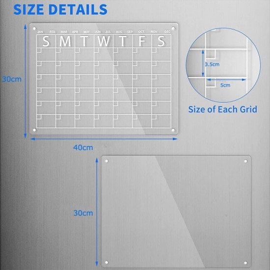 Clear Acrylic Magnetic Dry Erase Board and Calendar for Fridge,(Set of 2),Includes 6 Markers(40x30cm) 