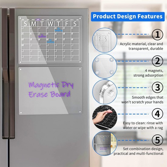 Clear Acrylic Magnetic Dry Erase Board and Calendar for Fridge,(Set of 2),Includes 6 Markers(40x30cm) 