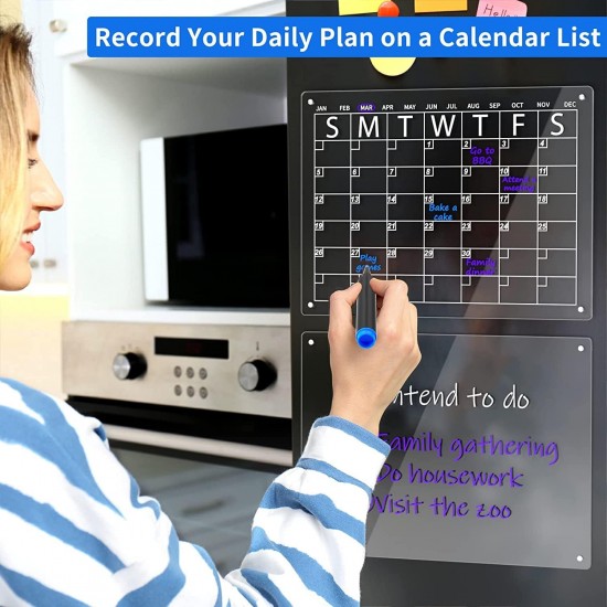 Clear Acrylic Magnetic Dry Erase Board and Calendar for Fridge,(Set of 2),Includes 6 Markers(40x30cm) 