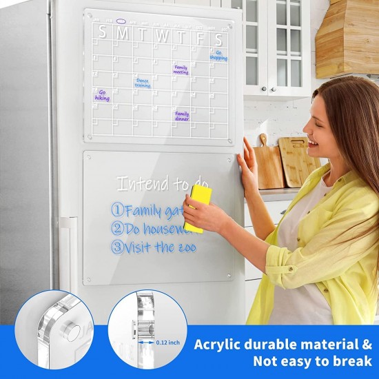 Clear Acrylic Magnetic Dry Erase Board and Calendar for Fridge,(Set of 2),Includes 6 Markers(40x30cm) 