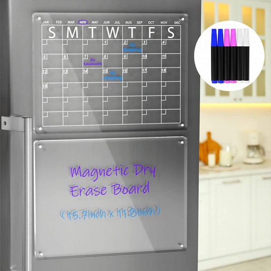 Clear Acrylic Magnetic Dry Erase Board and Calendar for Fridge,(Set of 2),Includes 6 Markers(40x30cm) 