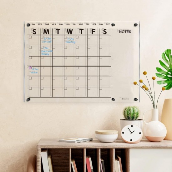 Clear Acrylic Dry Erase Calendar for Wall (58x40cm), White Board Calendar, Suitable for Home & Office